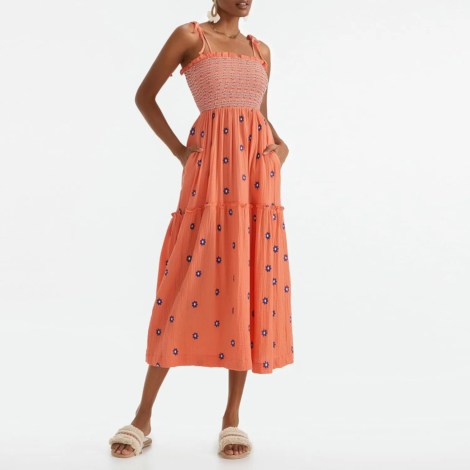 Summer Boho Maxi Dresses Sundresses for Women 2025 Floral Embroidered Tie Strap Smocked Ruffle Beach Long Dress