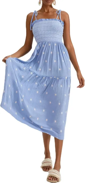 Summer Boho Maxi Dresses Sundresses for Women 2025 Floral Embroidered Tie Strap Smocked Ruffle Beach Long Dress