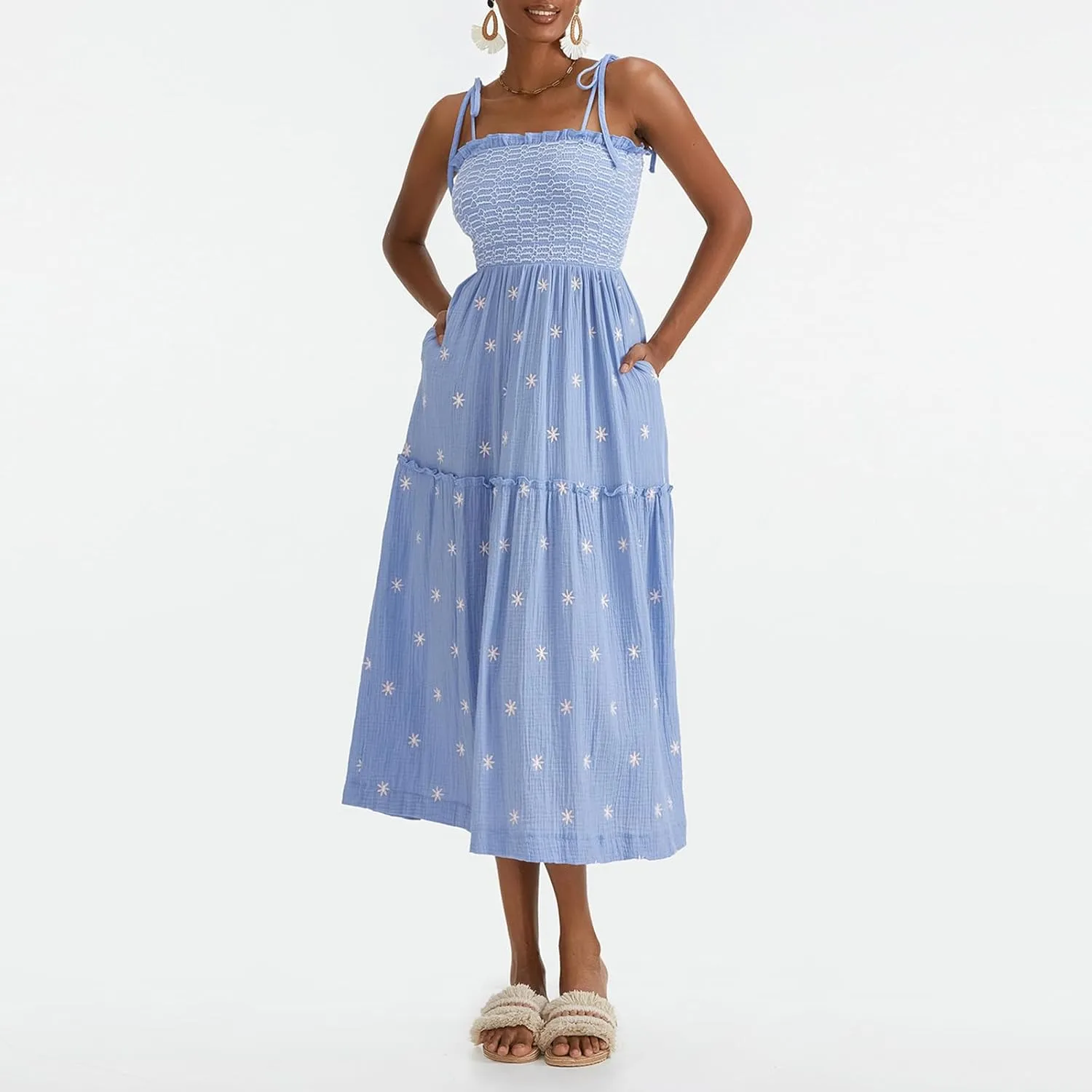 Summer Boho Maxi Dresses Sundresses for Women 2025 Floral Embroidered Tie Strap Smocked Ruffle Beach Long Dress