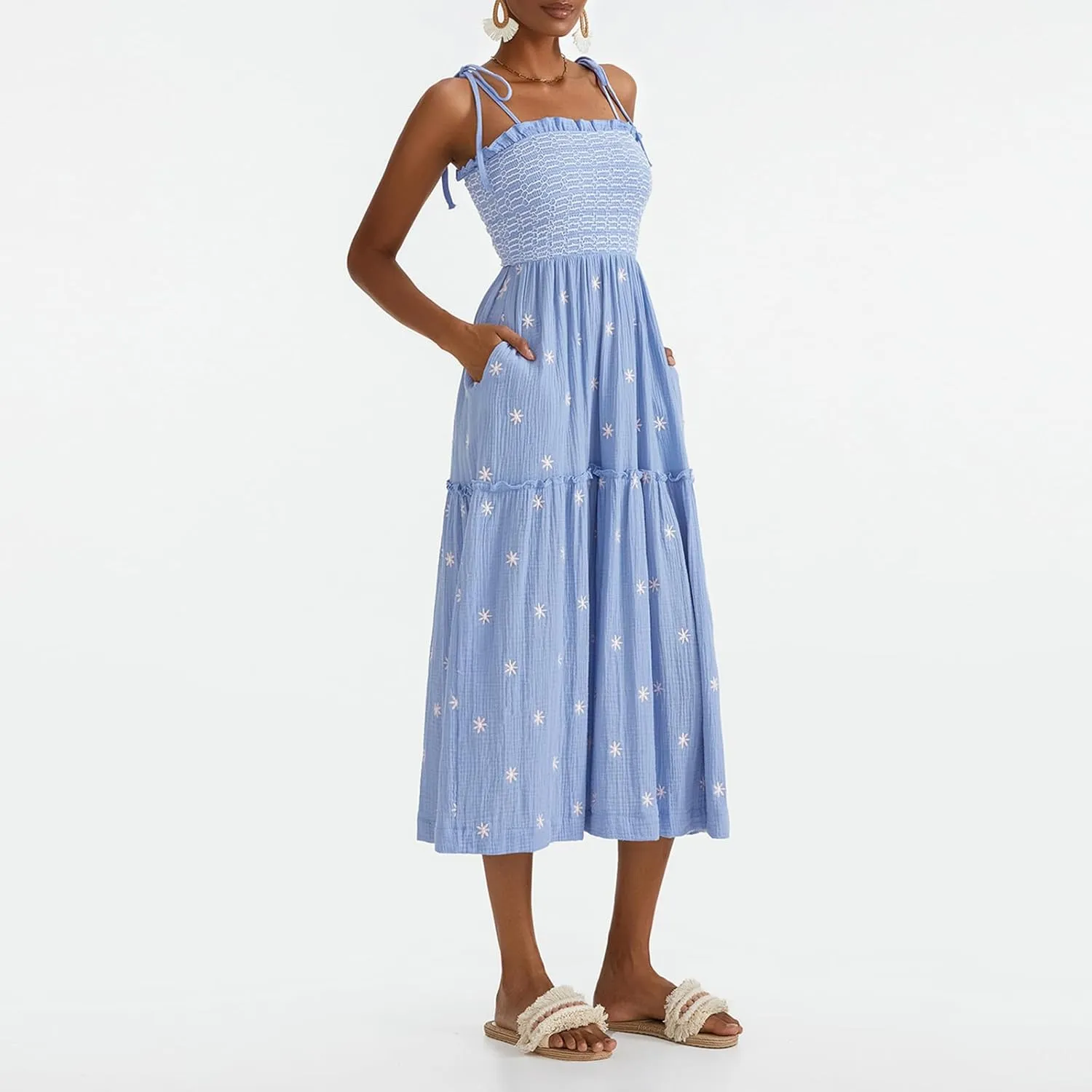 Summer Boho Maxi Dresses Sundresses for Women 2025 Floral Embroidered Tie Strap Smocked Ruffle Beach Long Dress