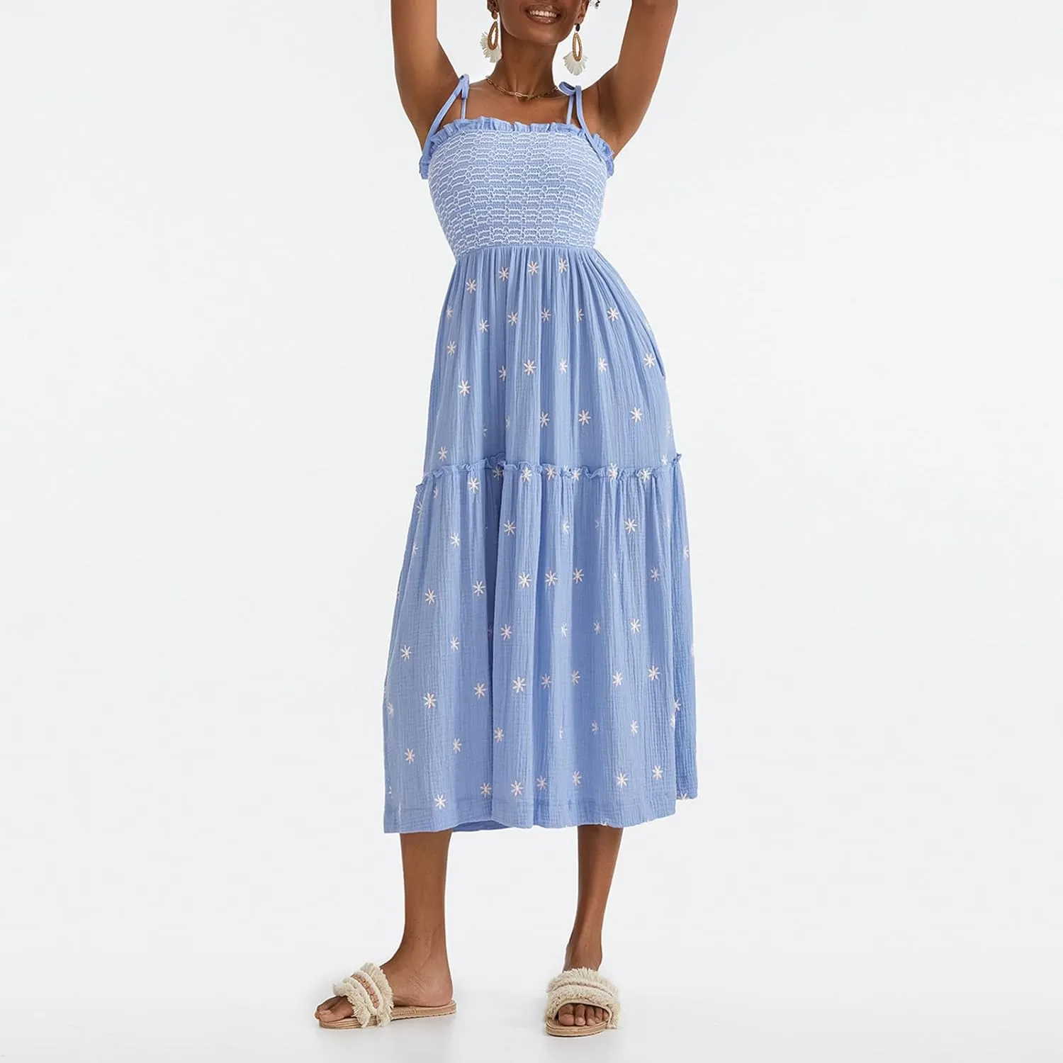 Summer Boho Maxi Dresses Sundresses for Women 2025 Floral Embroidered Tie Strap Smocked Ruffle Beach Long Dress