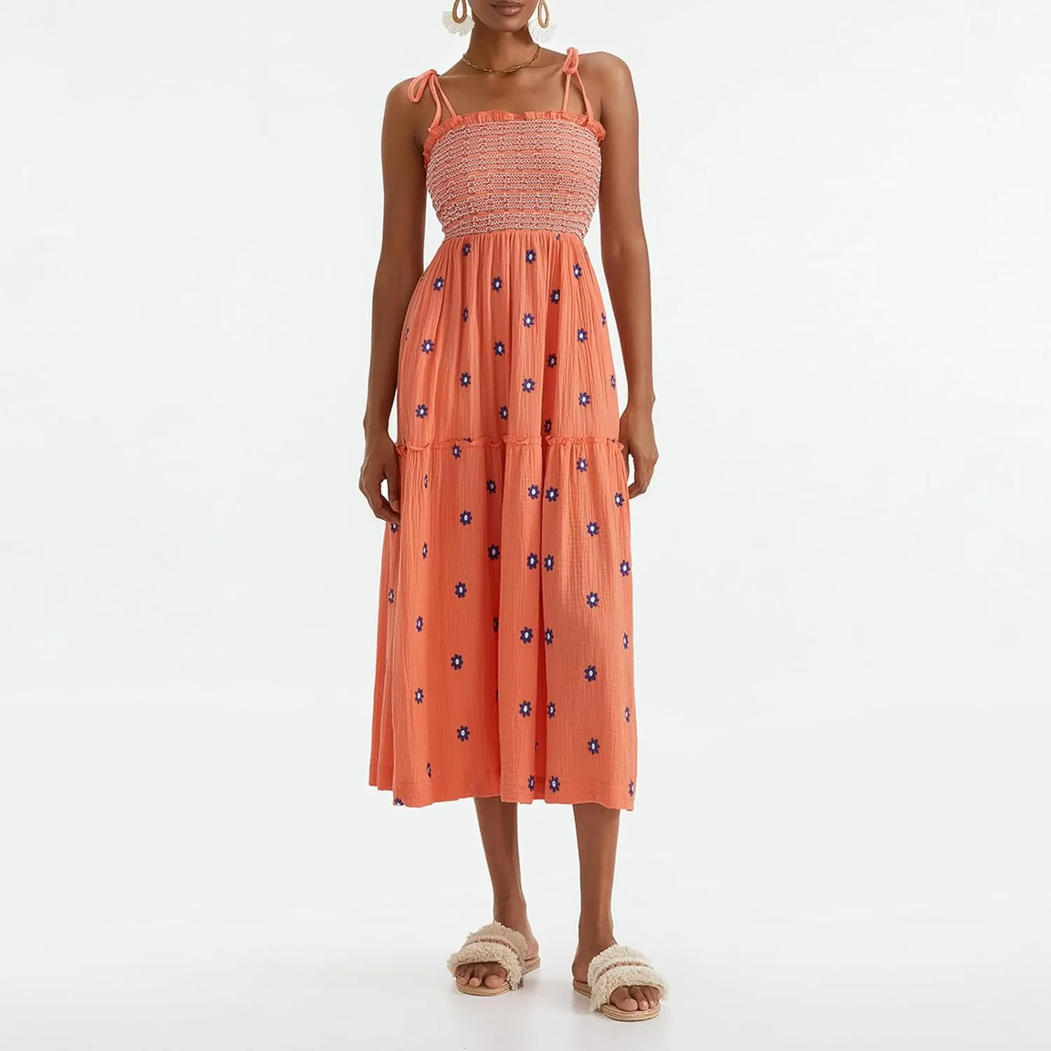 Summer Boho Maxi Dresses Sundresses for Women 2025 Floral Embroidered Tie Strap Smocked Ruffle Beach Long Dress