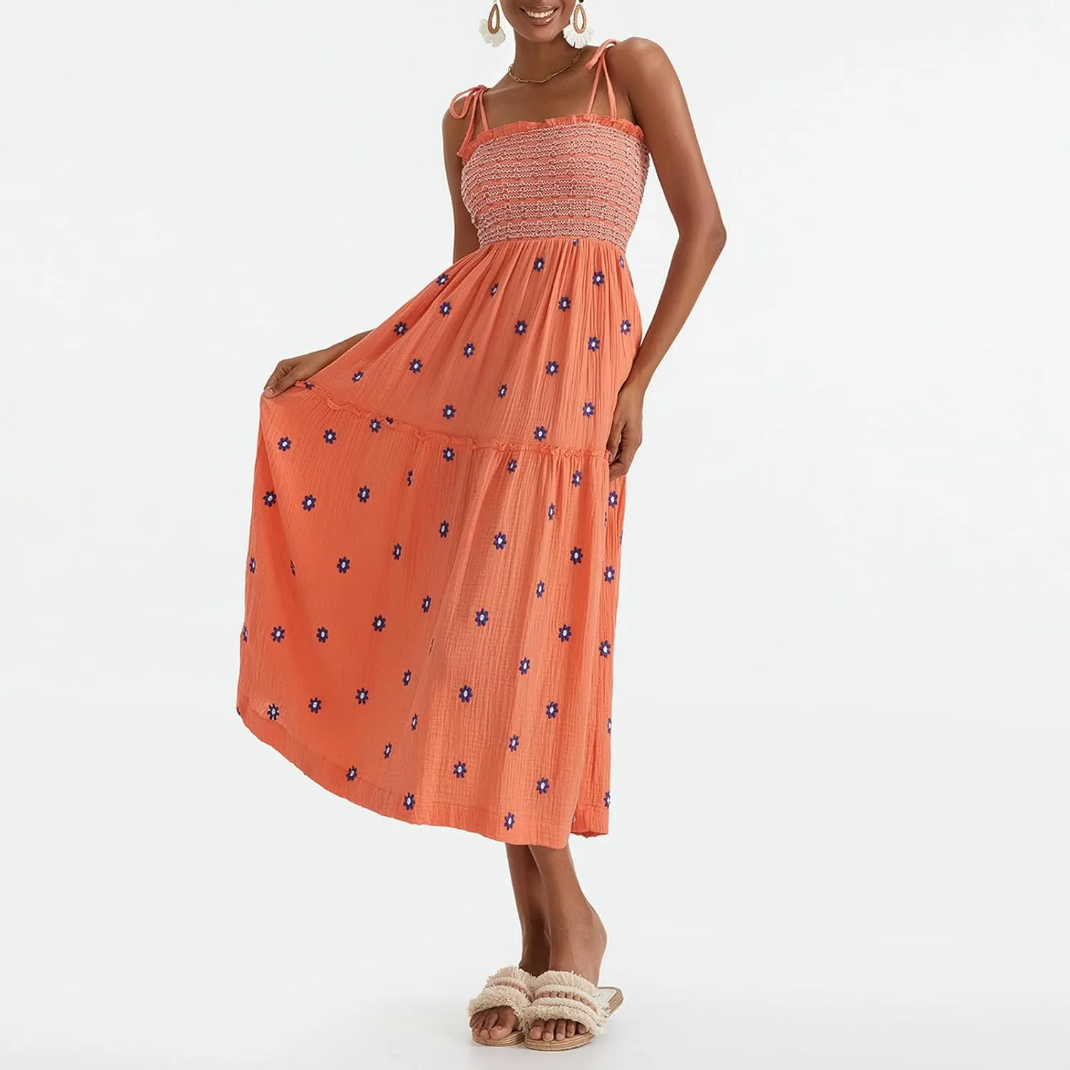 Summer Boho Maxi Dresses Sundresses for Women 2025 Floral Embroidered Tie Strap Smocked Ruffle Beach Long Dress