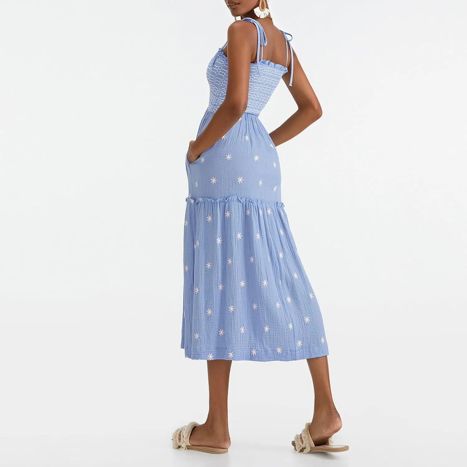 Summer Boho Maxi Dresses Sundresses for Women 2025 Floral Embroidered Tie Strap Smocked Ruffle Beach Long Dress