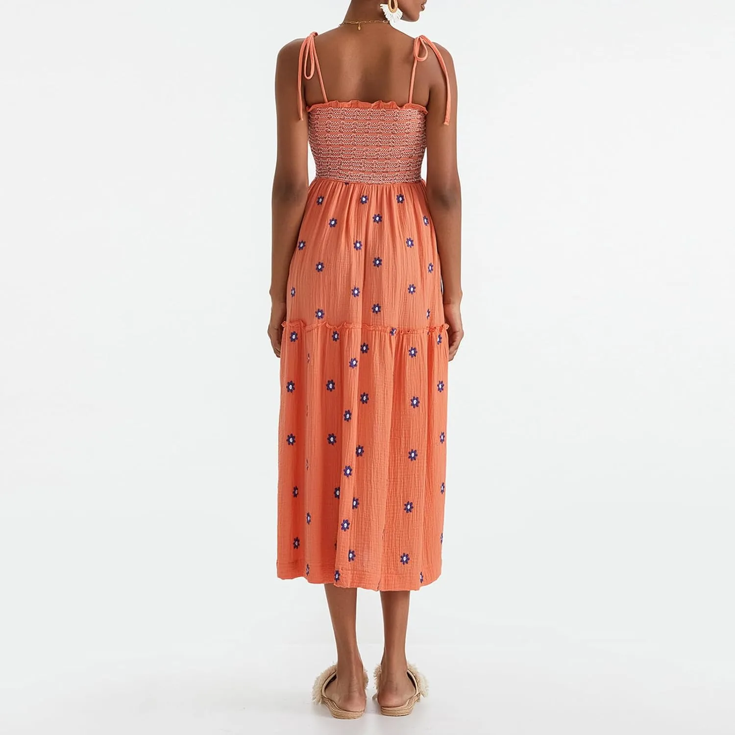 Summer Boho Maxi Dresses Sundresses for Women 2025 Floral Embroidered Tie Strap Smocked Ruffle Beach Long Dress