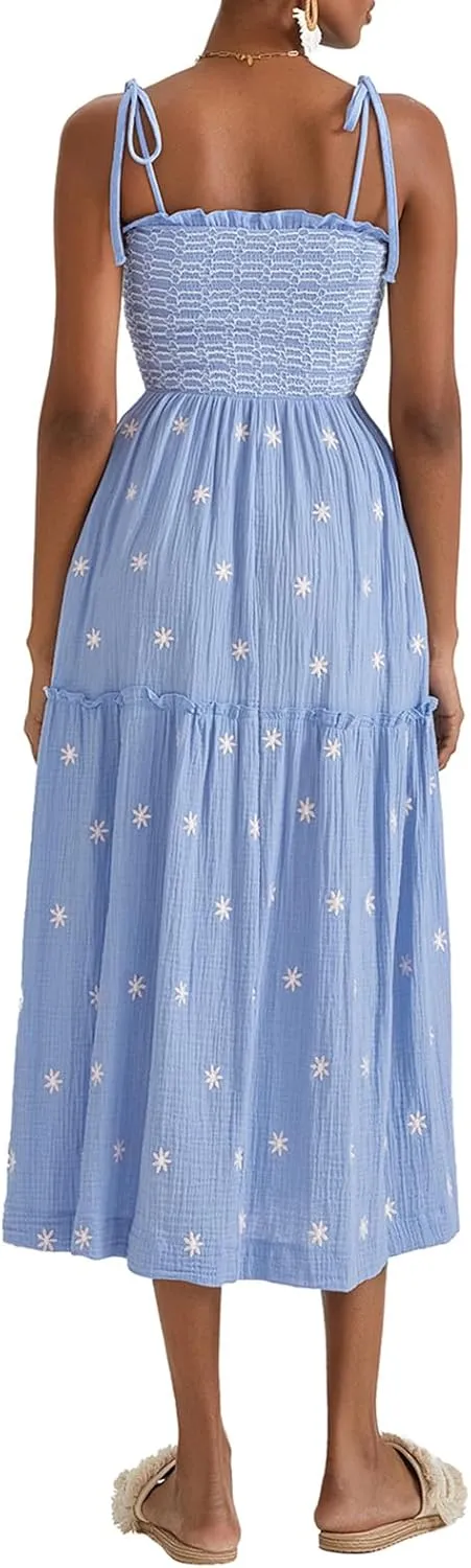 Summer Boho Maxi Dresses Sundresses for Women 2025 Floral Embroidered Tie Strap Smocked Ruffle Beach Long Dress