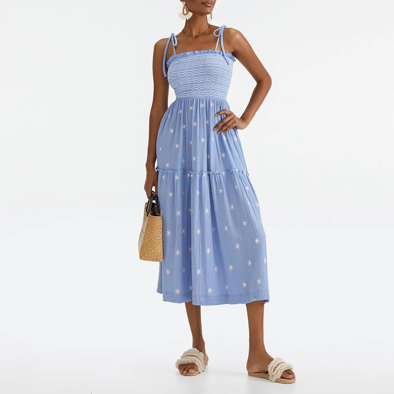 Summer Boho Maxi Dresses Sundresses for Women 2025 Floral Embroidered Tie Strap Smocked Ruffle Beach Long Dress