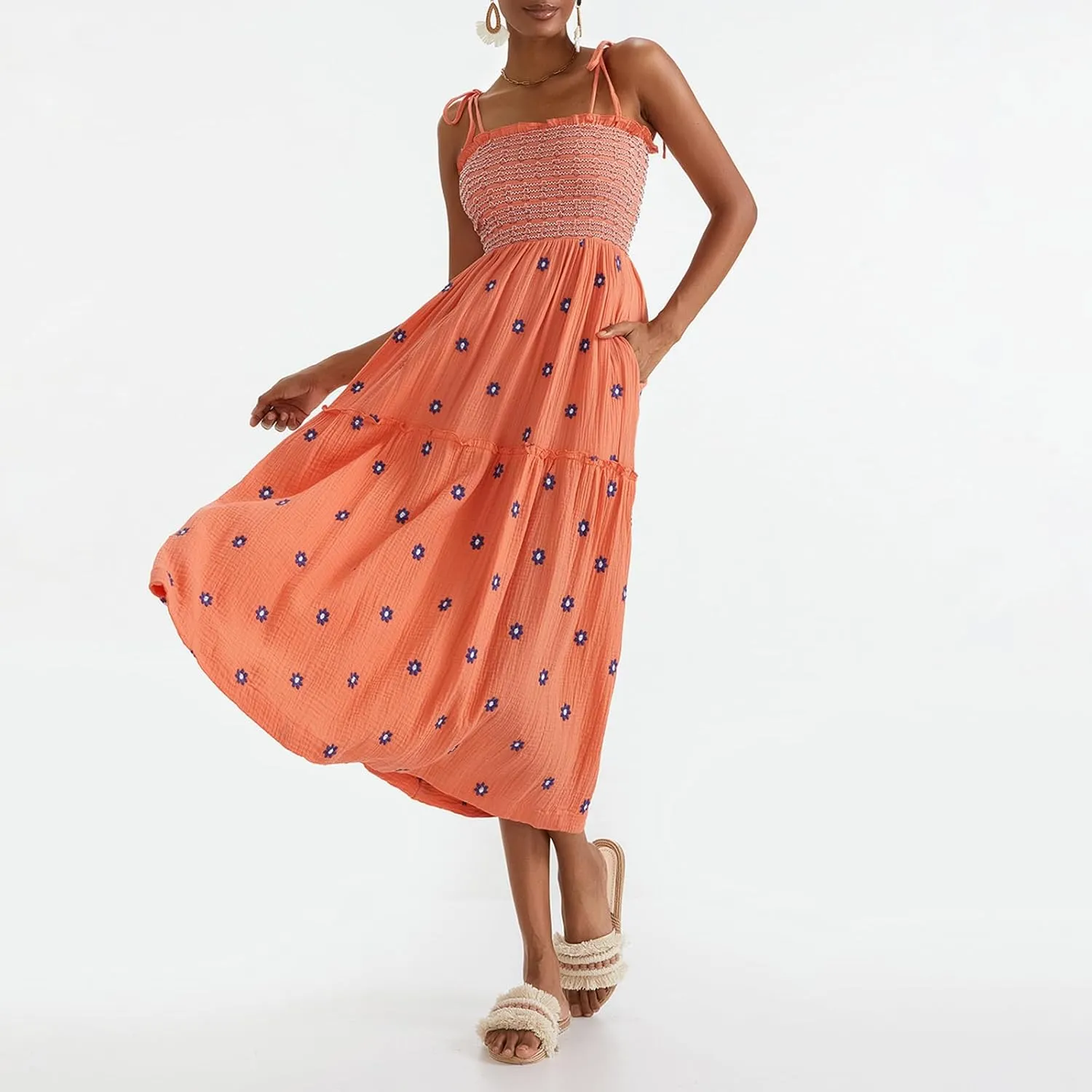 Summer Boho Maxi Dresses Sundresses for Women 2025 Floral Embroidered Tie Strap Smocked Ruffle Beach Long Dress