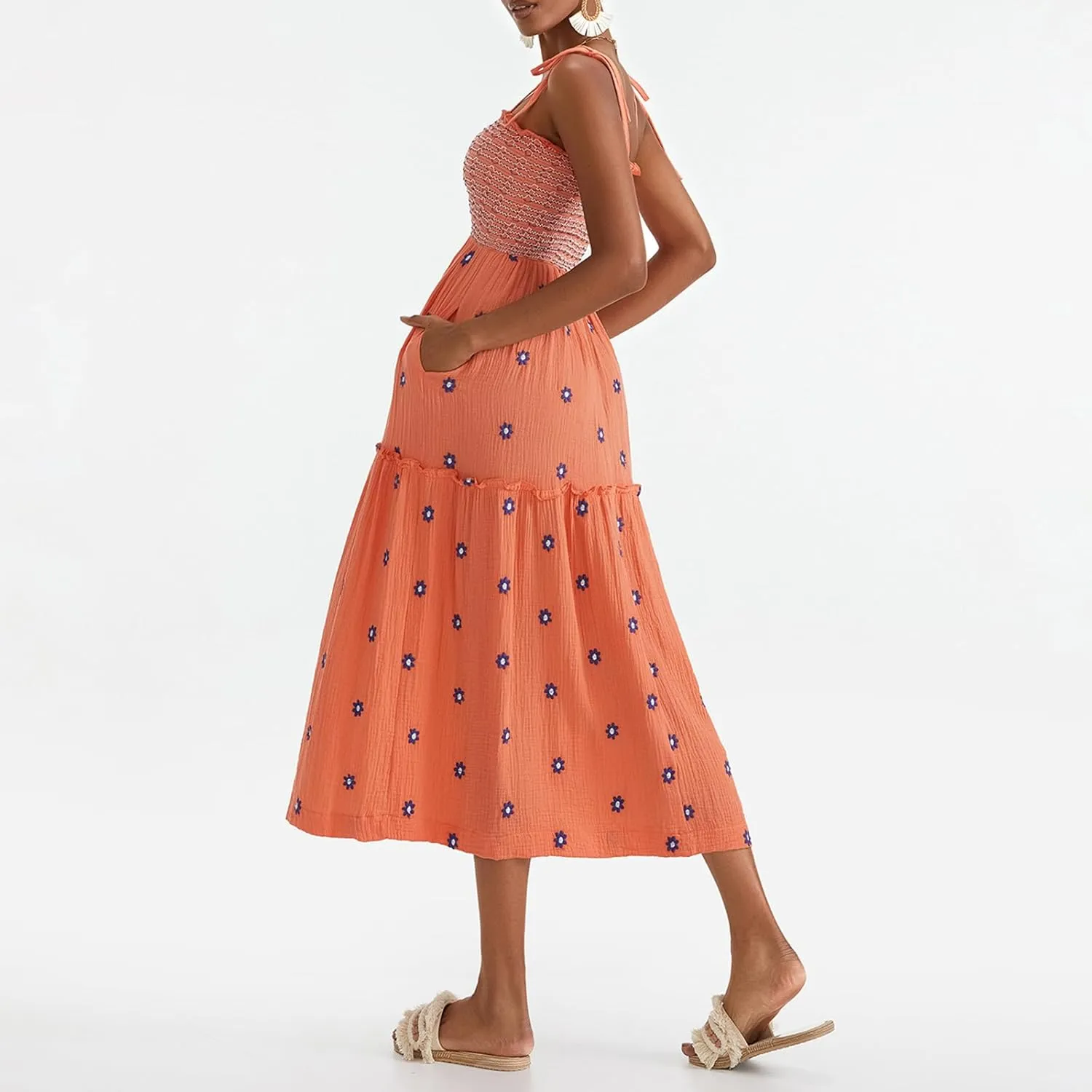 Summer Boho Maxi Dresses Sundresses for Women 2025 Floral Embroidered Tie Strap Smocked Ruffle Beach Long Dress