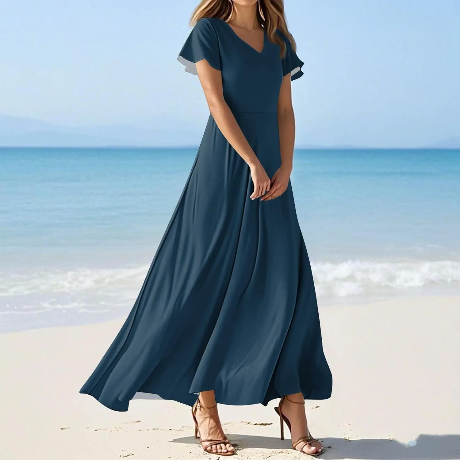 Summer Dresses for Women 2025 Elegant Classy Flowy Ruffle Swing V Neck Church Dress Casual Vacation Long Sundresses