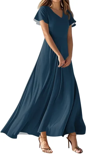Summer Dresses for Women 2025 Elegant Classy Flowy Ruffle Swing V Neck Church Dress Casual Vacation Long Sundresses