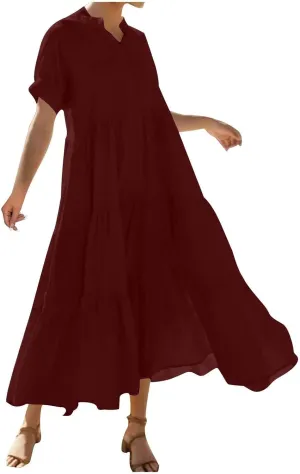Summer Pleated Ruffle Hem Dresses for Womens Short Sleeve V Neck Dress A Line Midi Skirt Beach Cocktail Party Wear