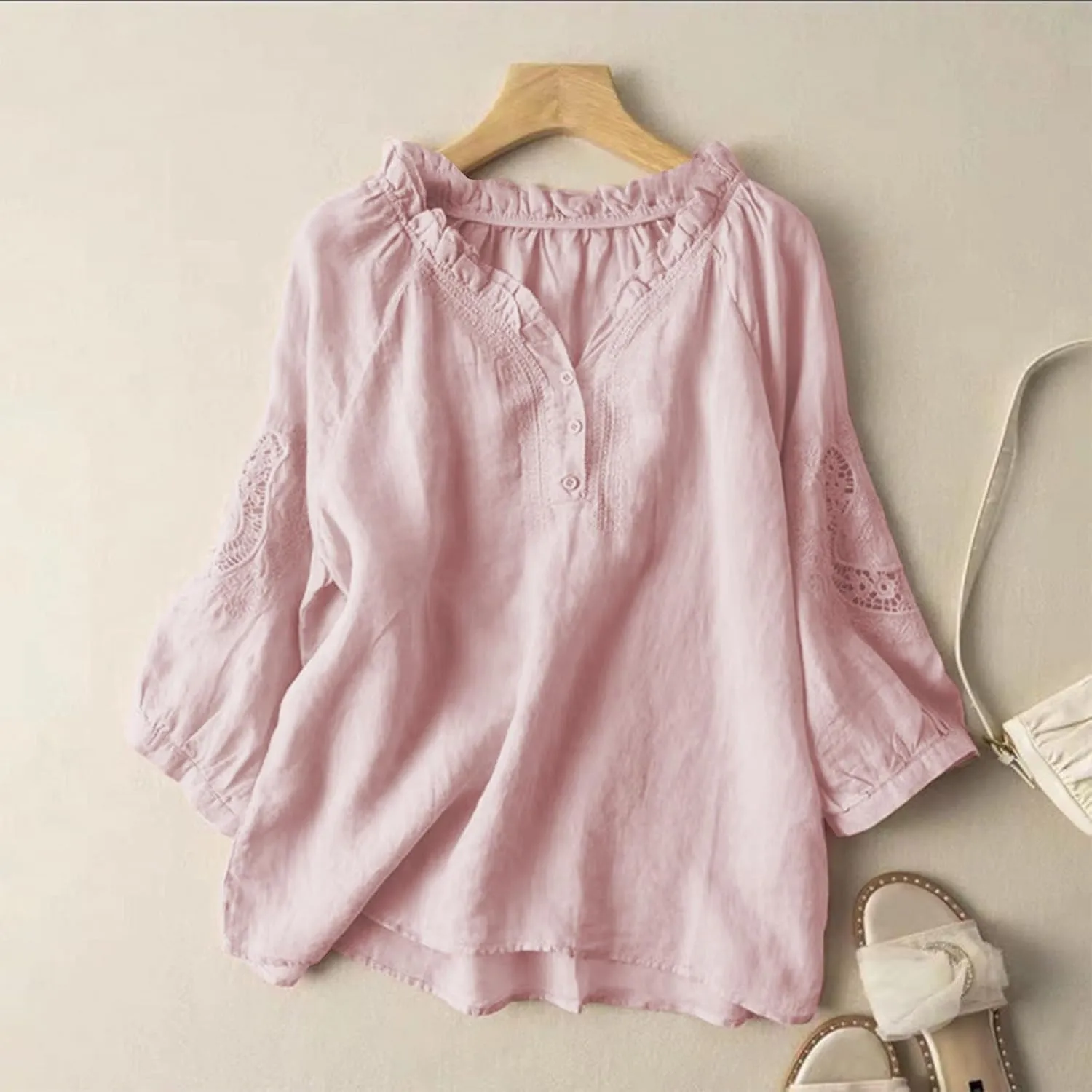 Summer Tops for Women 2025 Retro Embroidered 3/4 Sleeve Boho Tops Cotton Linen Hawaiian Shirts Cruise Outfits 2025