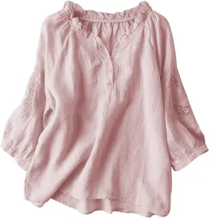 Summer Tops for Women 2025 Retro Embroidered 3/4 Sleeve Boho Tops Cotton Linen Hawaiian Shirts Cruise Outfits 2025
