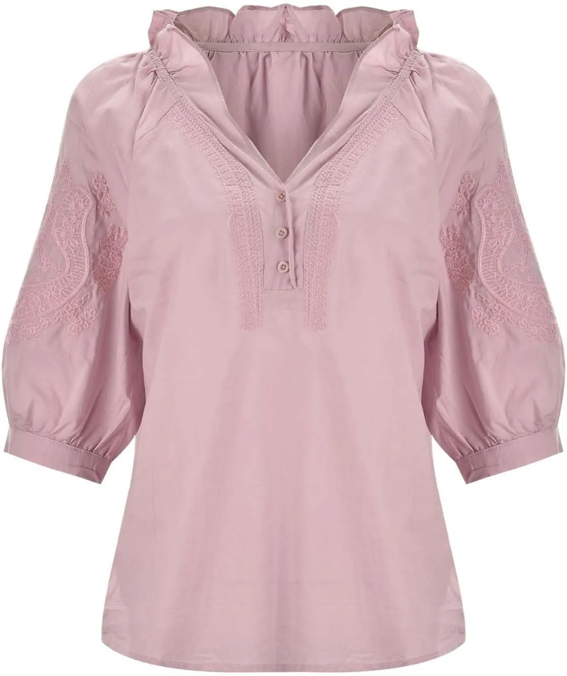 Summer Tops for Women 2025 Retro Embroidered 3/4 Sleeve Boho Tops Cotton Linen Hawaiian Shirts Cruise Outfits 2025