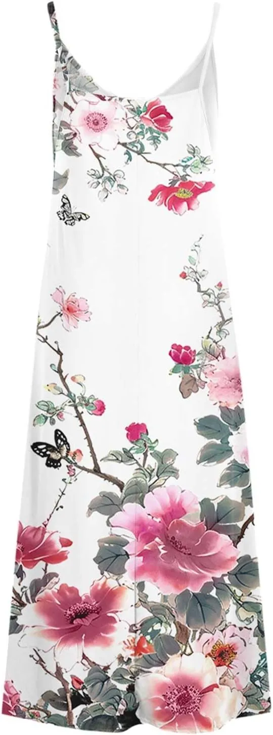 Sundresses for Women 2024 Spaghetti Strap Cute Print Halter Maxi Dresses Empire Waist Flowy Summer Beach Dresses