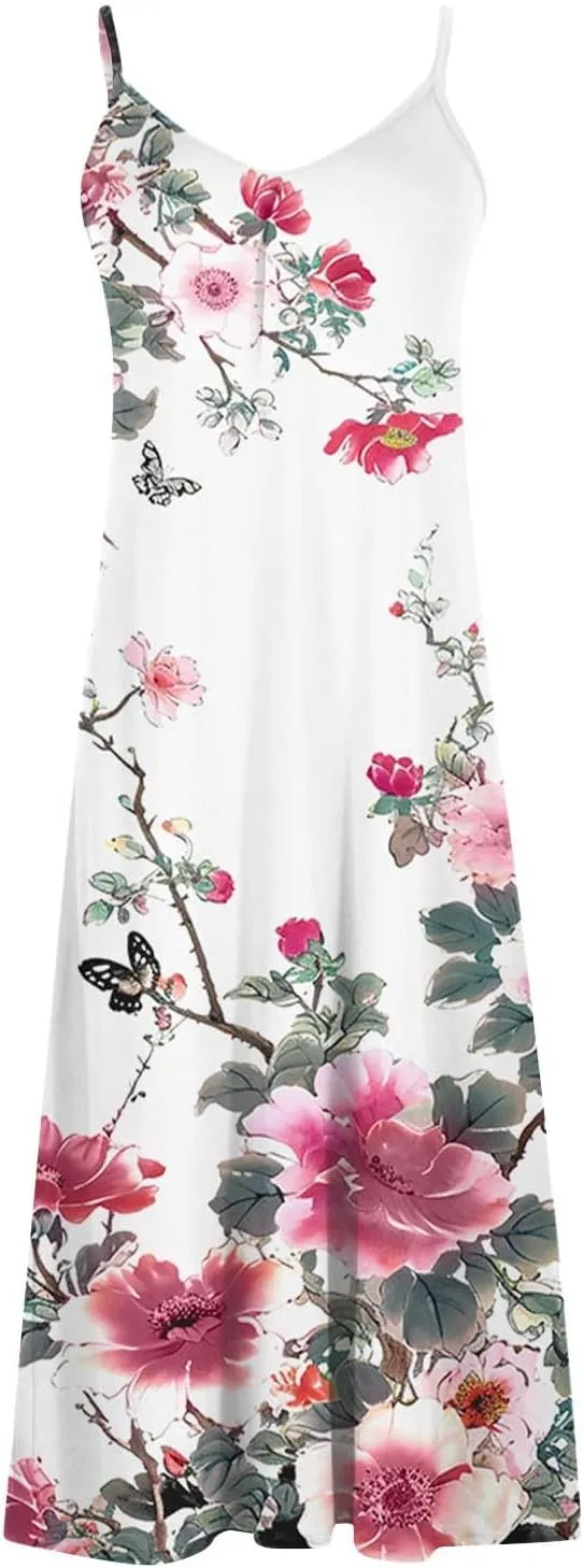 Sundresses for Women 2024 Spaghetti Strap Cute Print Halter Maxi Dresses Empire Waist Flowy Summer Beach Dresses