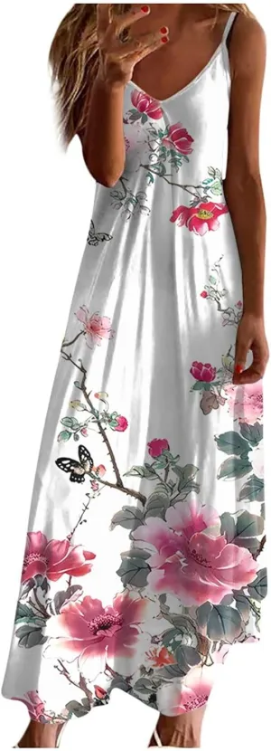 Sundresses for Women 2024 Spaghetti Strap Cute Print Halter Maxi Dresses Empire Waist Flowy Summer Beach Dresses