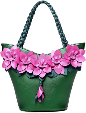 SUNROLAN Women's Shoulder Bag Handbag Tote Purse PU Leather Crossbody 3D Flower with Weave Handle Bags