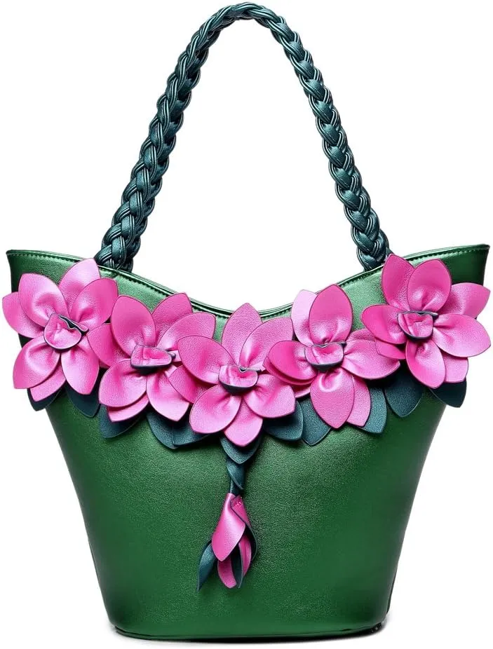 SUNROLAN Women's Shoulder Bag Handbag Tote Purse PU Leather Crossbody 3D Flower with Weave Handle Bags
