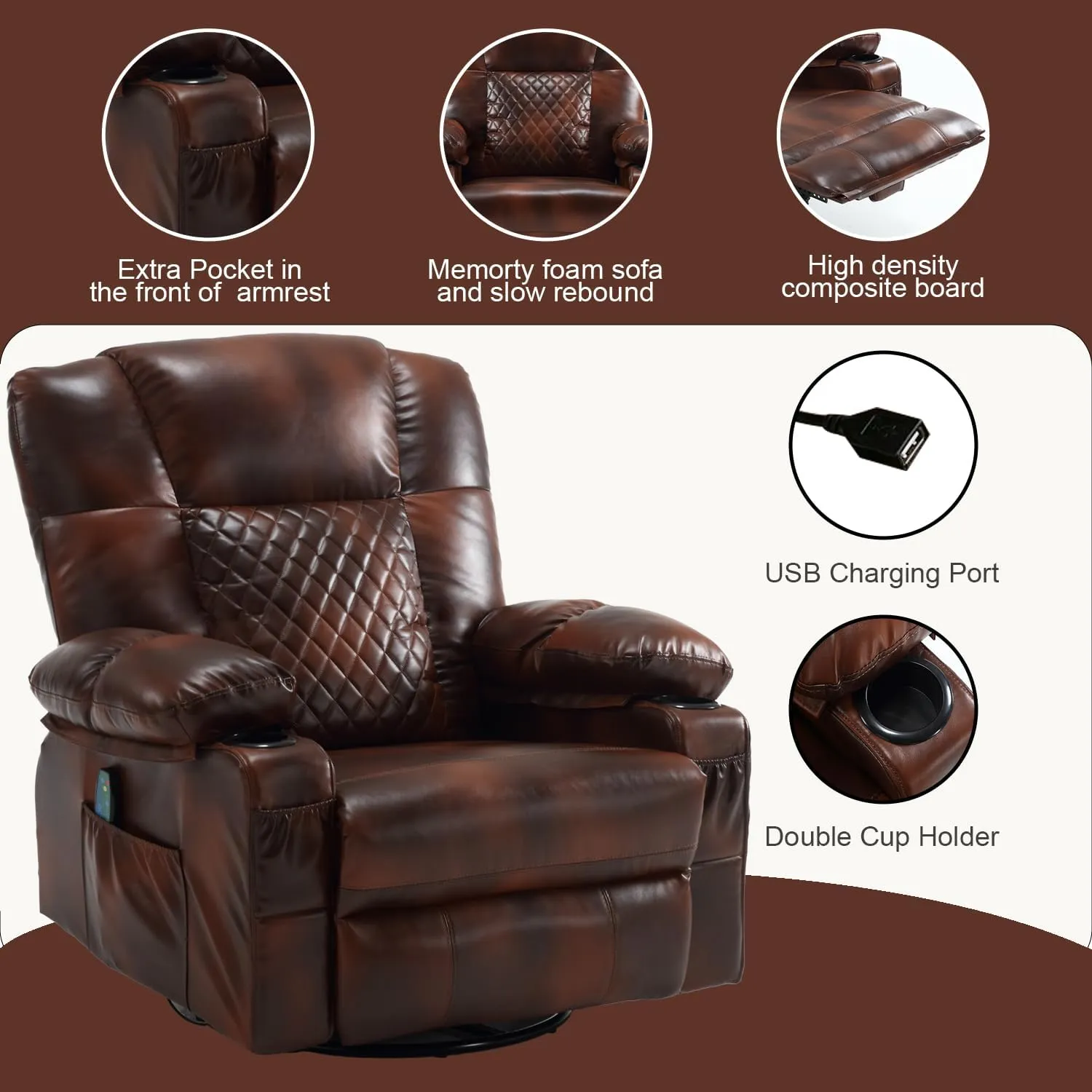 Swivel Recliner with Massage and Heat, Rocking Reclining Chairs for Adults, PU Leather Overstuffed Recliners with Cup Holders, Modern Manual Rocker Recliner Chairs for Living Room, Brown