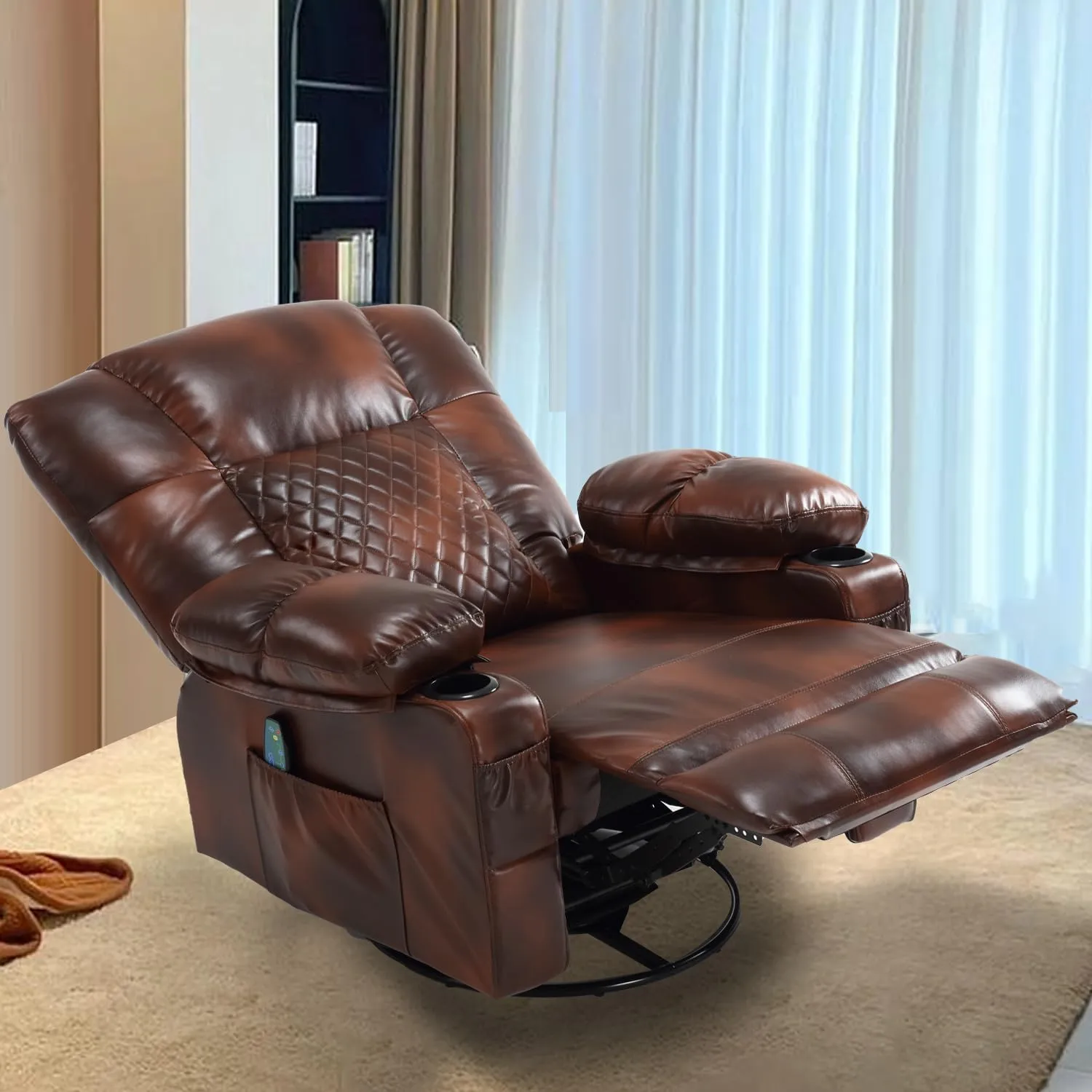 Swivel Recliner with Massage and Heat, Rocking Reclining Chairs for Adults, PU Leather Overstuffed Recliners with Cup Holders, Modern Manual Rocker Recliner Chairs for Living Room, Brown