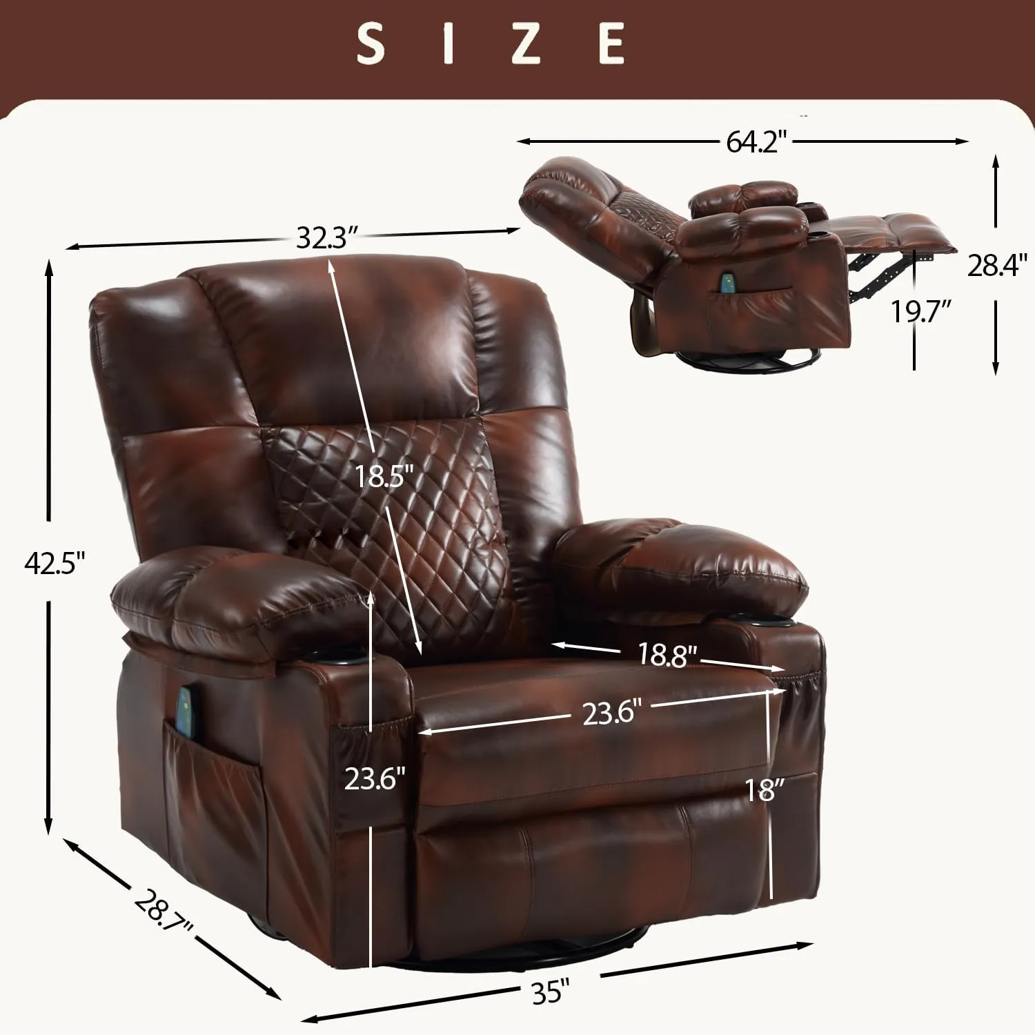 Swivel Recliner with Massage and Heat, Rocking Reclining Chairs for Adults, PU Leather Overstuffed Recliners with Cup Holders, Modern Manual Rocker Recliner Chairs for Living Room, Brown