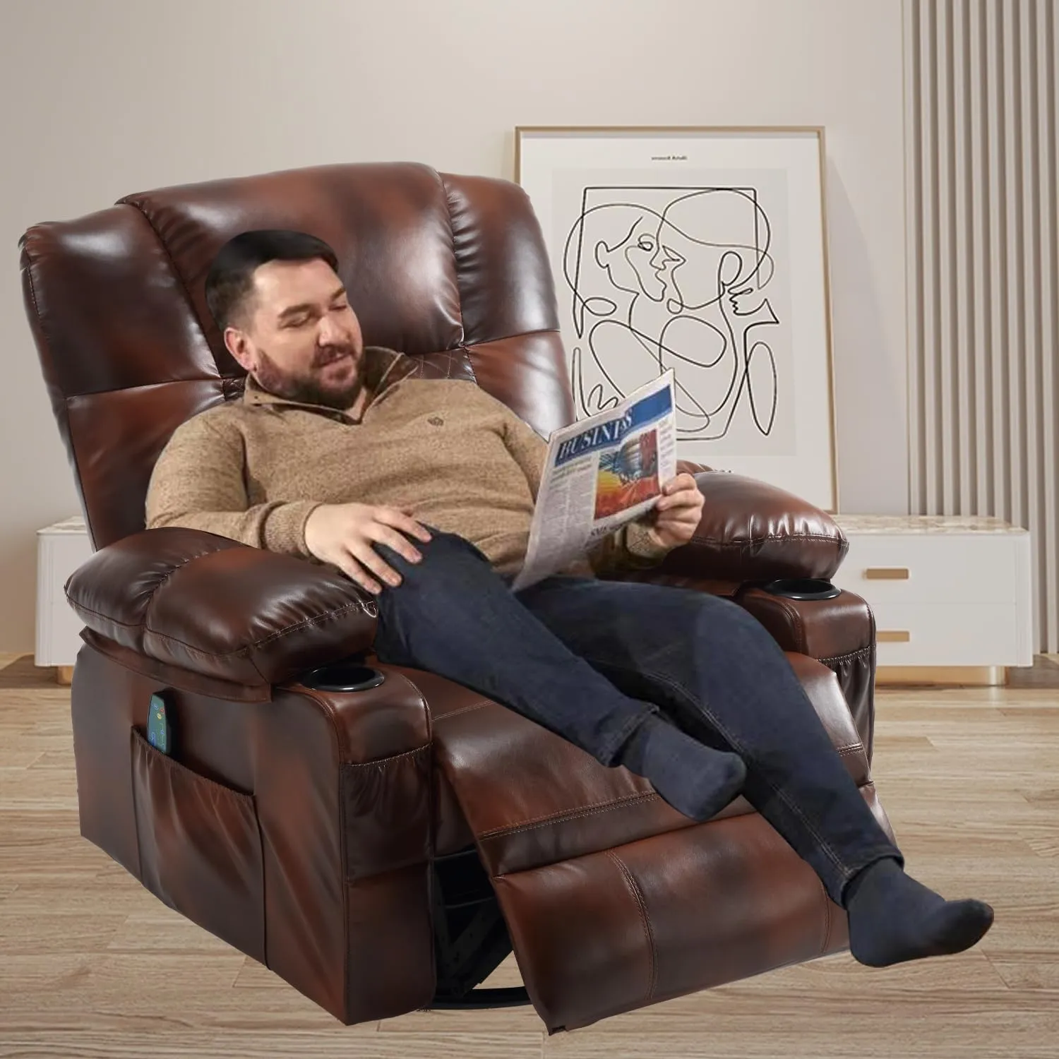 Swivel Recliner with Massage and Heat, Rocking Reclining Chairs for Adults, PU Leather Overstuffed Recliners with Cup Holders, Modern Manual Rocker Recliner Chairs for Living Room, Brown