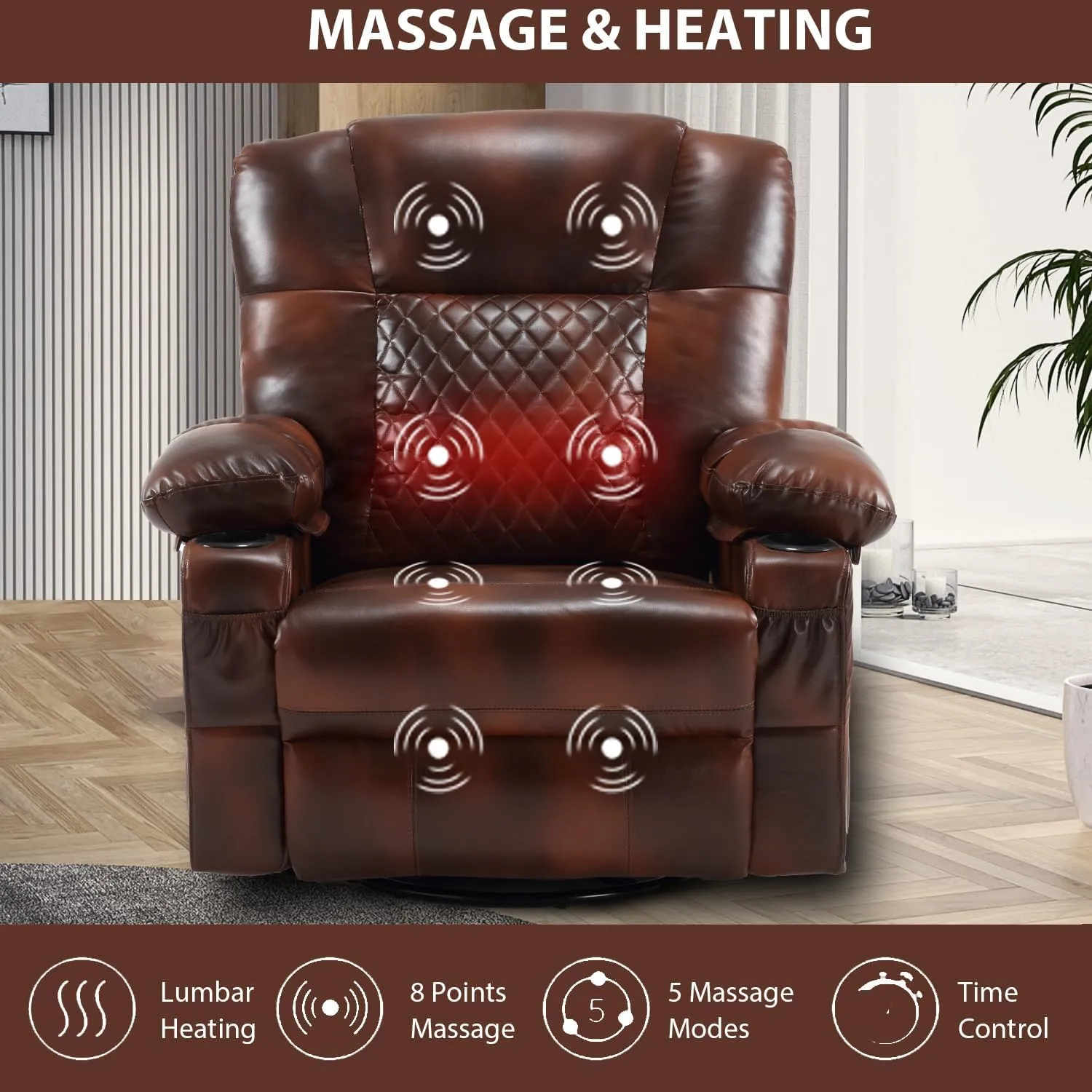 Swivel Recliner with Massage and Heat, Rocking Reclining Chairs for Adults, PU Leather Overstuffed Recliners with Cup Holders, Modern Manual Rocker Recliner Chairs for Living Room, Brown