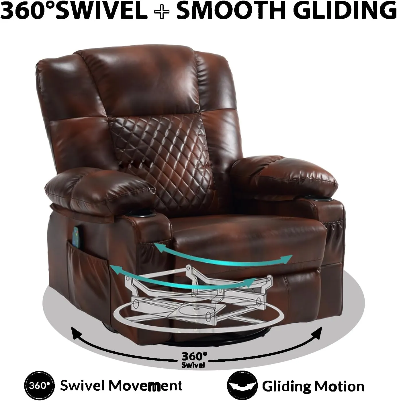 Swivel Recliner with Massage and Heat, Rocking Reclining Chairs for Adults, PU Leather Overstuffed Recliners with Cup Holders, Modern Manual Rocker Recliner Chairs for Living Room, Brown