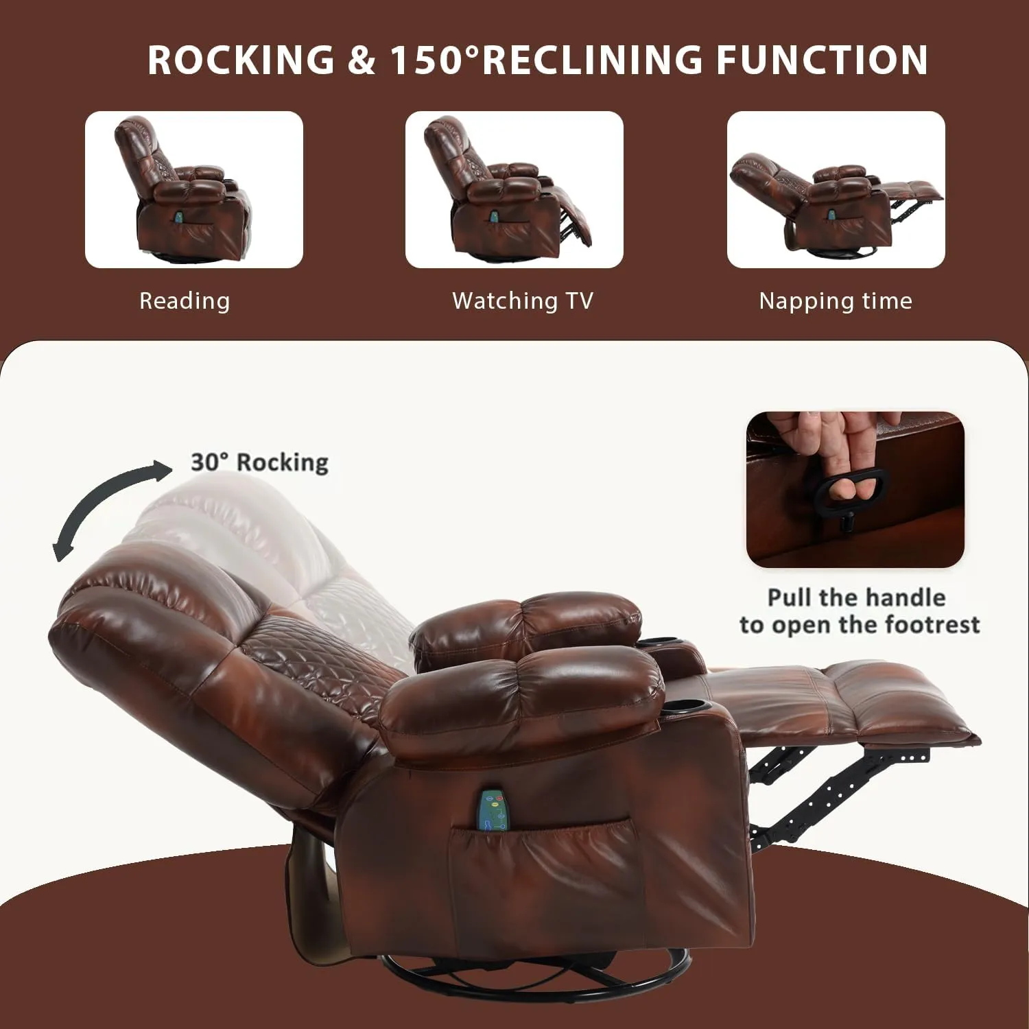 Swivel Recliner with Massage and Heat, Rocking Reclining Chairs for Adults, PU Leather Overstuffed Recliners with Cup Holders, Modern Manual Rocker Recliner Chairs for Living Room, Brown