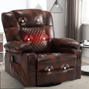 Swivel Recliner with Massage and Heat, Rocking Reclining Chairs for Adults, PU Leather Overstuffed Recliners with Cup Holders, Modern Manual Rocker Recliner Chairs for Living Room, Brown