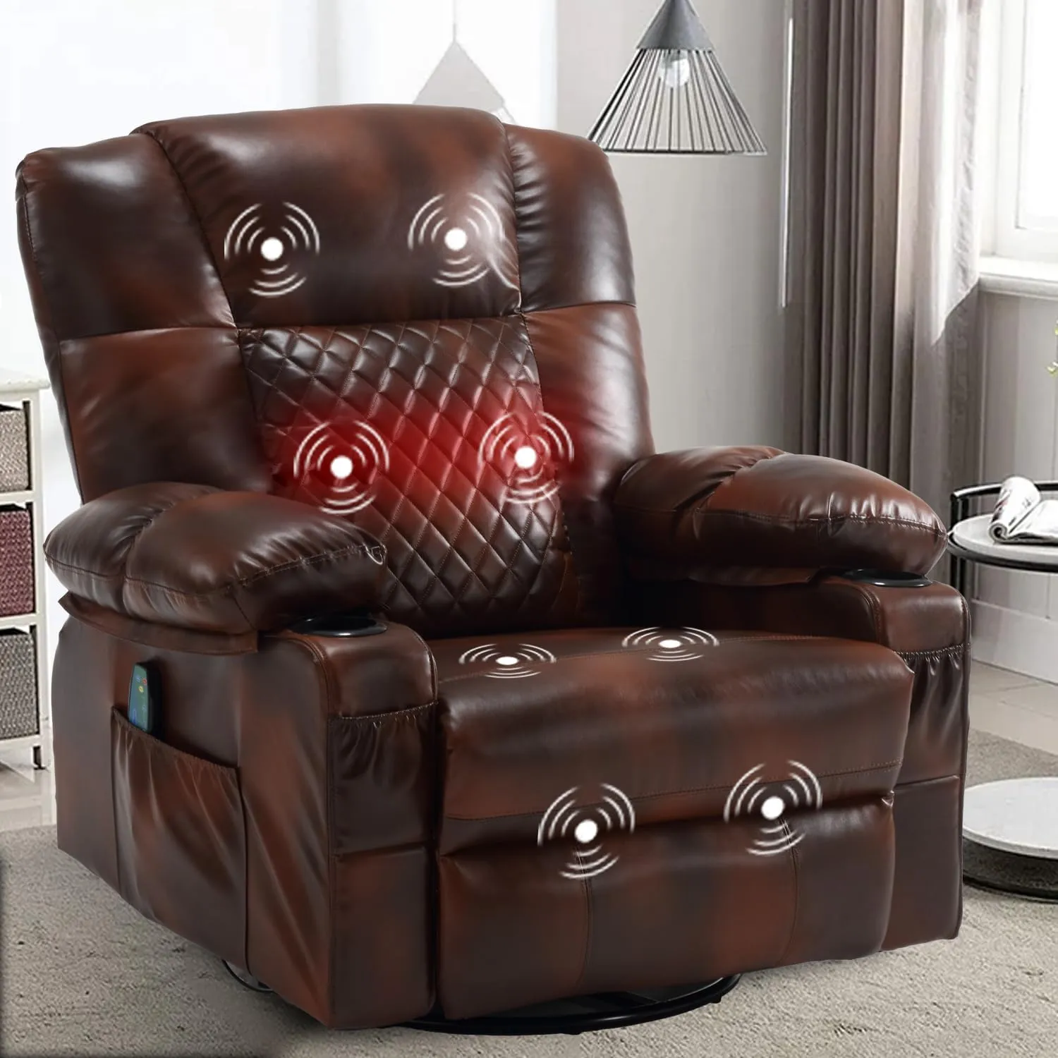 Swivel Recliner with Massage and Heat, Rocking Reclining Chairs for Adults, PU Leather Overstuffed Recliners with Cup Holders, Modern Manual Rocker Recliner Chairs for Living Room, Brown