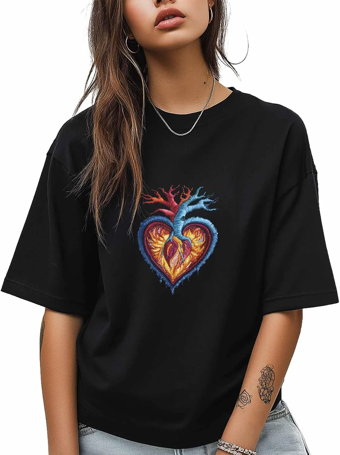 T-Shirts for Women Embroidered Heart Pattern Women's Tops Crew Neck Short Sleeve Tees