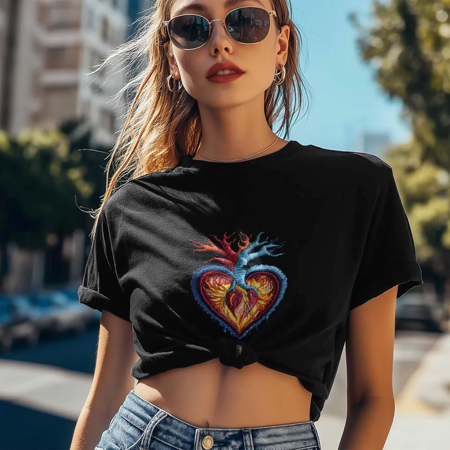 T-Shirts for Women Embroidered Heart Pattern Women's Tops Crew Neck Short Sleeve Tees
