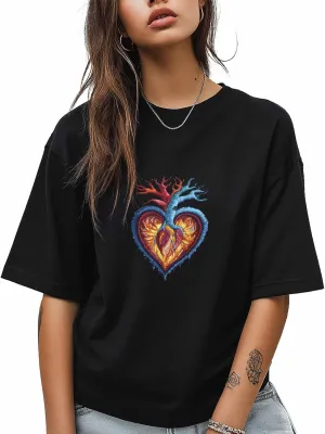 T-Shirts for Women Embroidered Heart Pattern Women's Tops Crew Neck Short Sleeve Tees