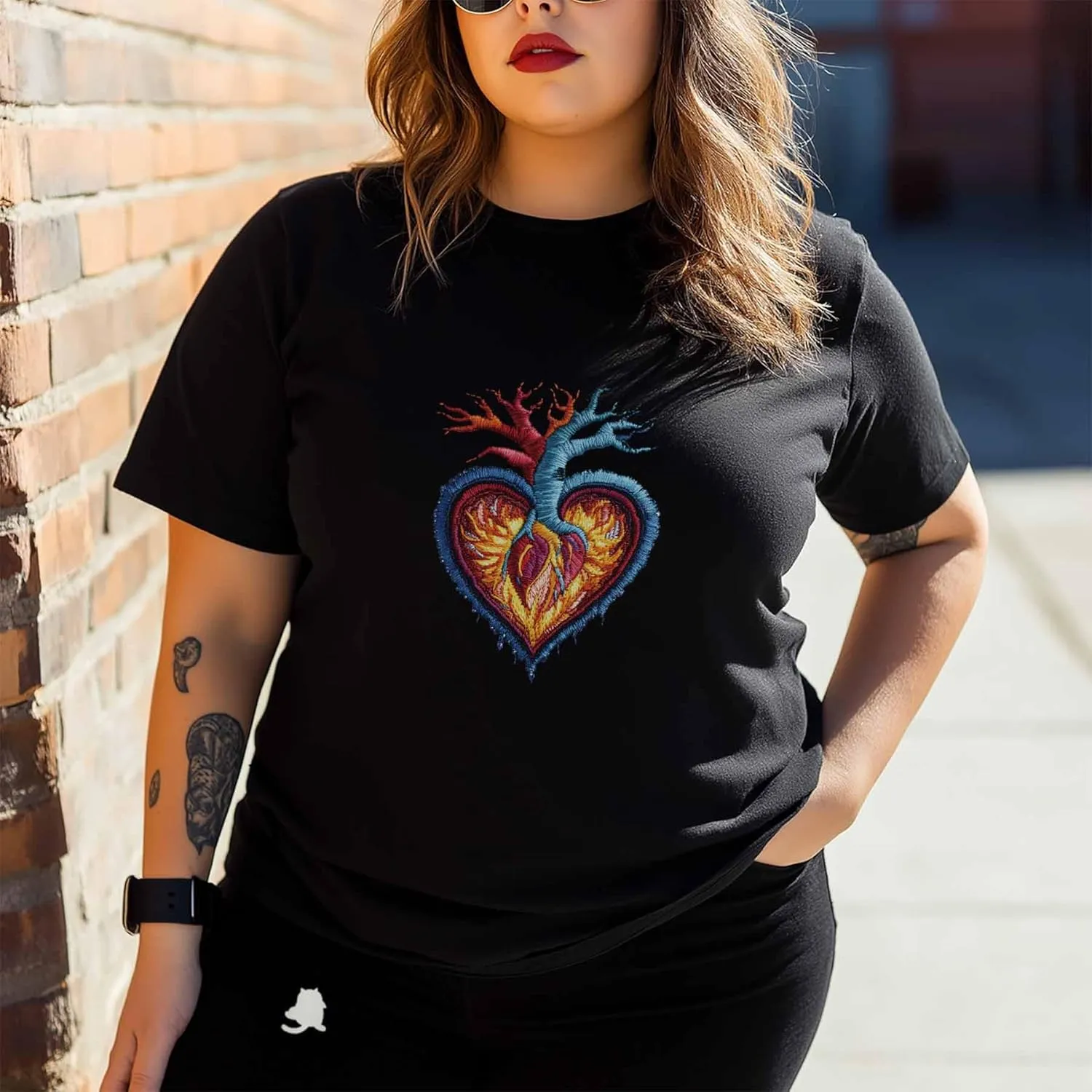 T-Shirts for Women Embroidered Heart Pattern Women's Tops Crew Neck Short Sleeve Tees