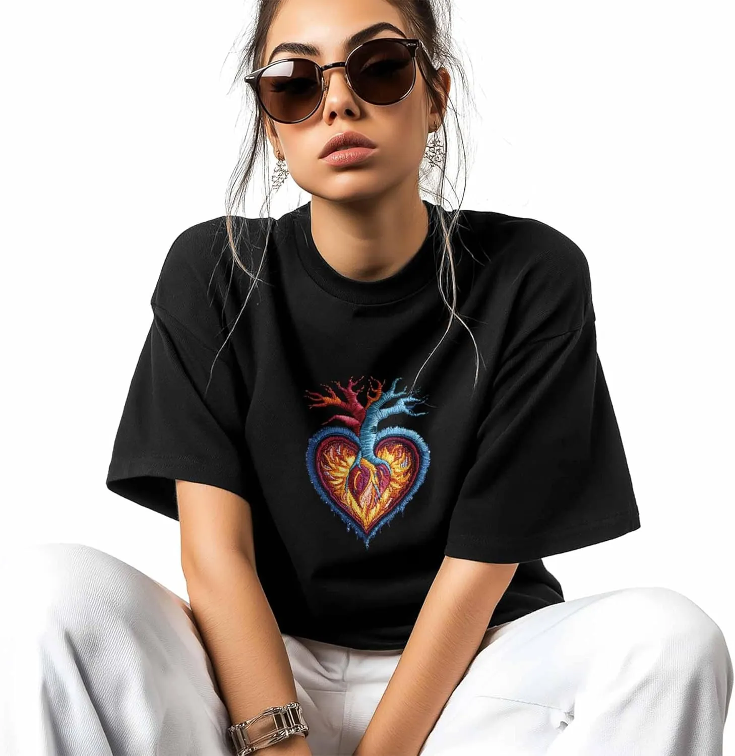 T-Shirts for Women Embroidered Heart Pattern Women's Tops Crew Neck Short Sleeve Tees