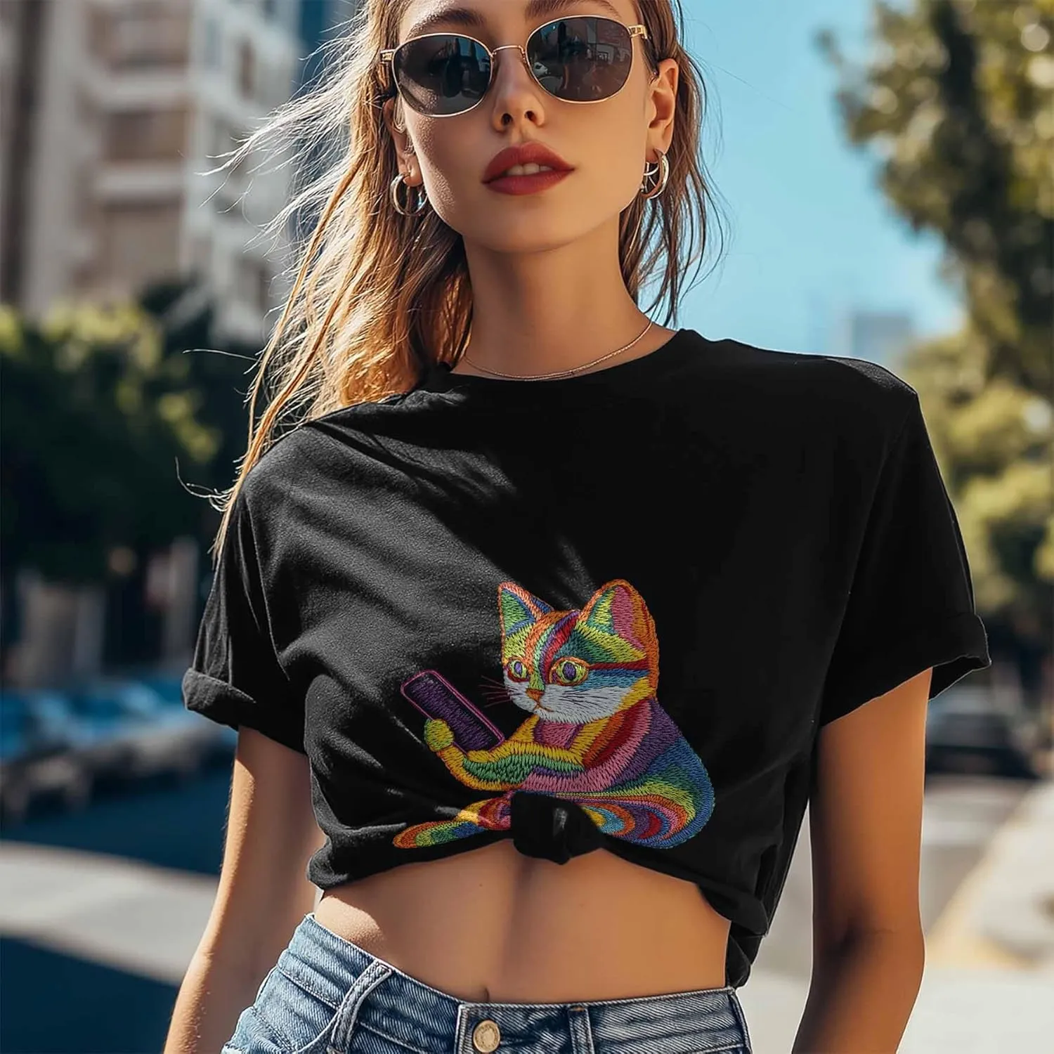 T-Shirts for Women Embroidered Style Cat Women's Tops Crew Neck Short Sleeve Tees