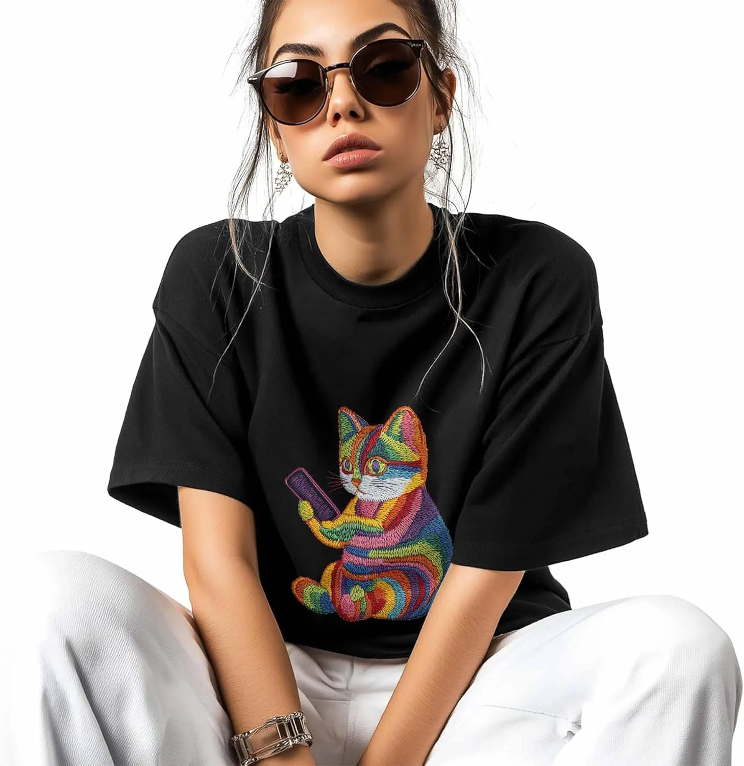 T-Shirts for Women Embroidered Style Cat Women's Tops Crew Neck Short Sleeve Tees