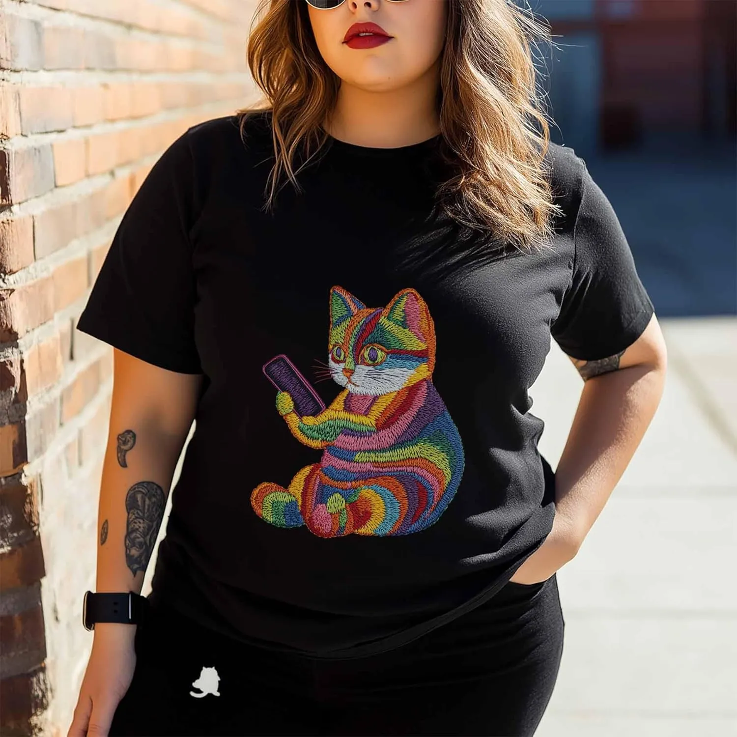 T-Shirts for Women Embroidered Style Cat Women's Tops Crew Neck Short Sleeve Tees