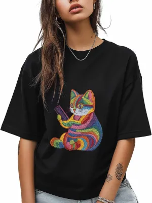 T-Shirts for Women Embroidered Style Cat Women's Tops Crew Neck Short Sleeve Tees