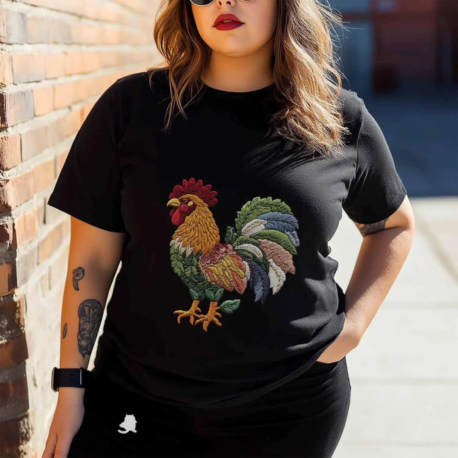 T-Shirts for Women Embroidered Style Rooster Women's Tops Crew Neck Short Sleeve Tees