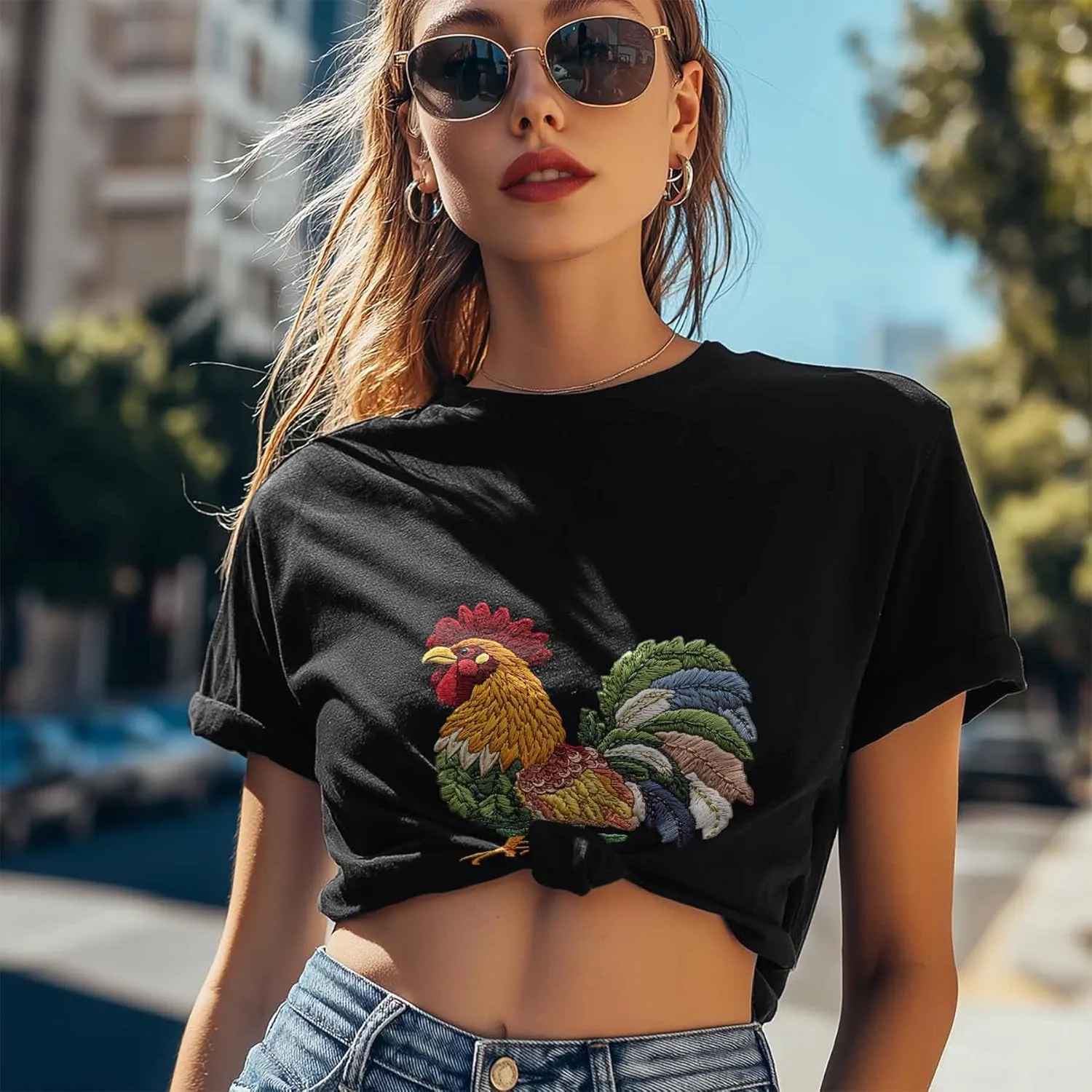 T-Shirts for Women Embroidered Style Rooster Women's Tops Crew Neck Short Sleeve Tees
