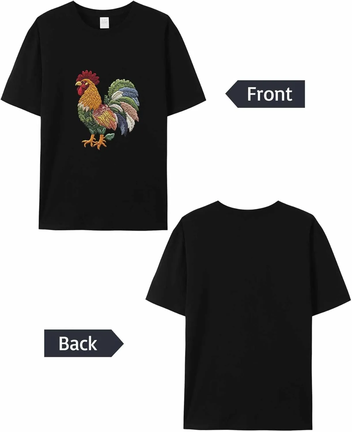 T-Shirts for Women Embroidered Style Rooster Women's Tops Crew Neck Short Sleeve Tees
