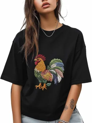 T-Shirts for Women Embroidered Style Rooster Women's Tops Crew Neck Short Sleeve Tees