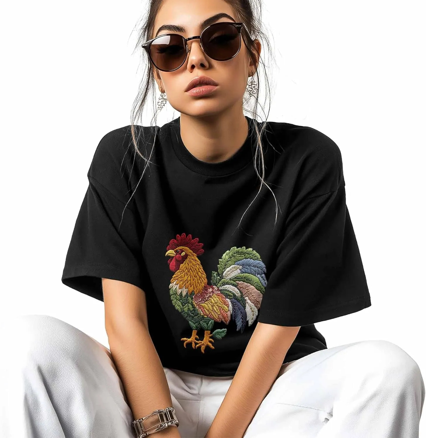 T-Shirts for Women Embroidered Style Rooster Women's Tops Crew Neck Short Sleeve Tees