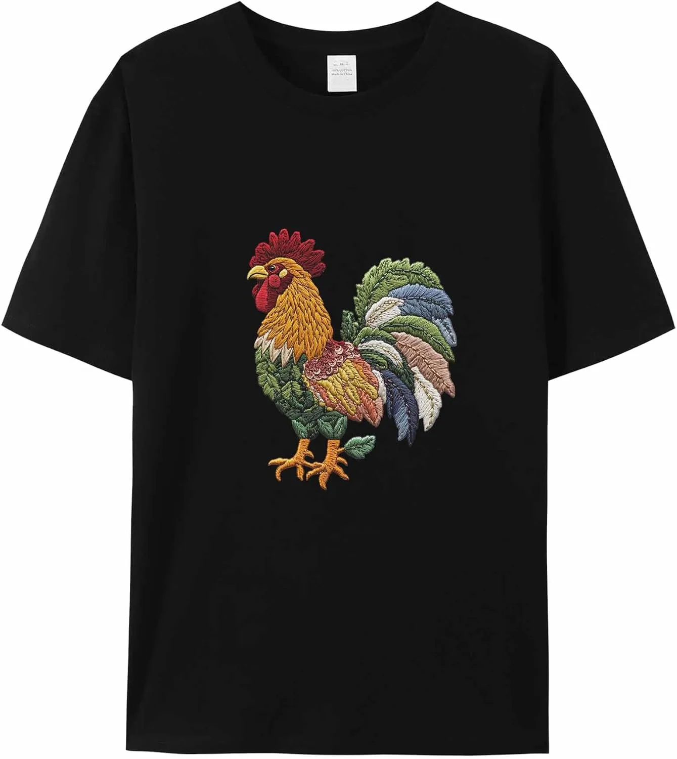 T-Shirts for Women Embroidered Style Rooster Women's Tops Crew Neck Short Sleeve Tees