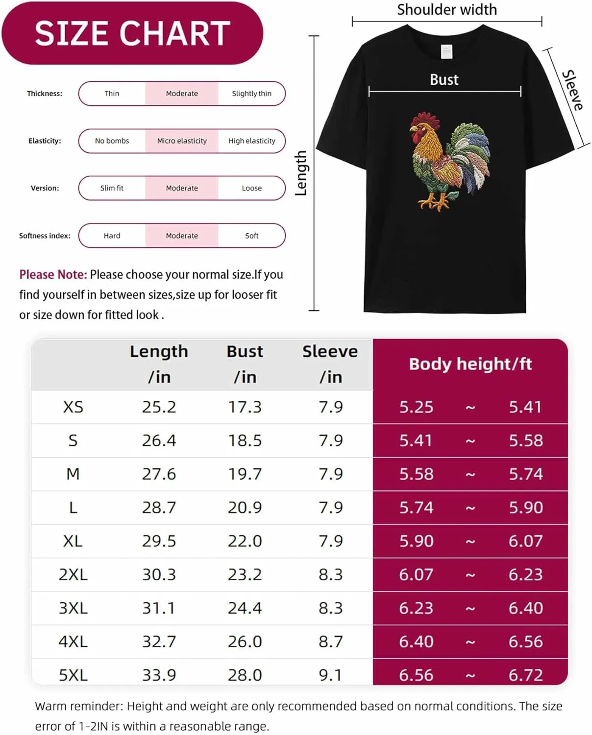 T-Shirts for Women Embroidered Style Rooster Women's Tops Crew Neck Short Sleeve Tees