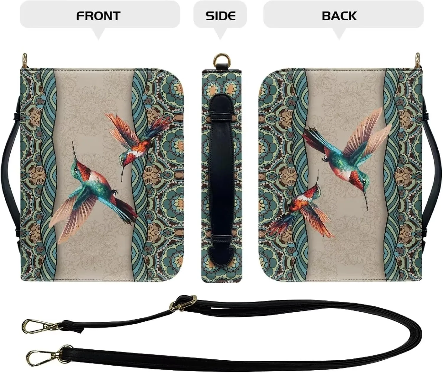 Talayituse Boho Mandala Hummingbird Print Bible Cover for Men Women, PU Leather Bible Carrying Case with Adjustable Shoulder Strap, Waterproof Bible Bags Scripture Bag Church Bag for Bible Study, L